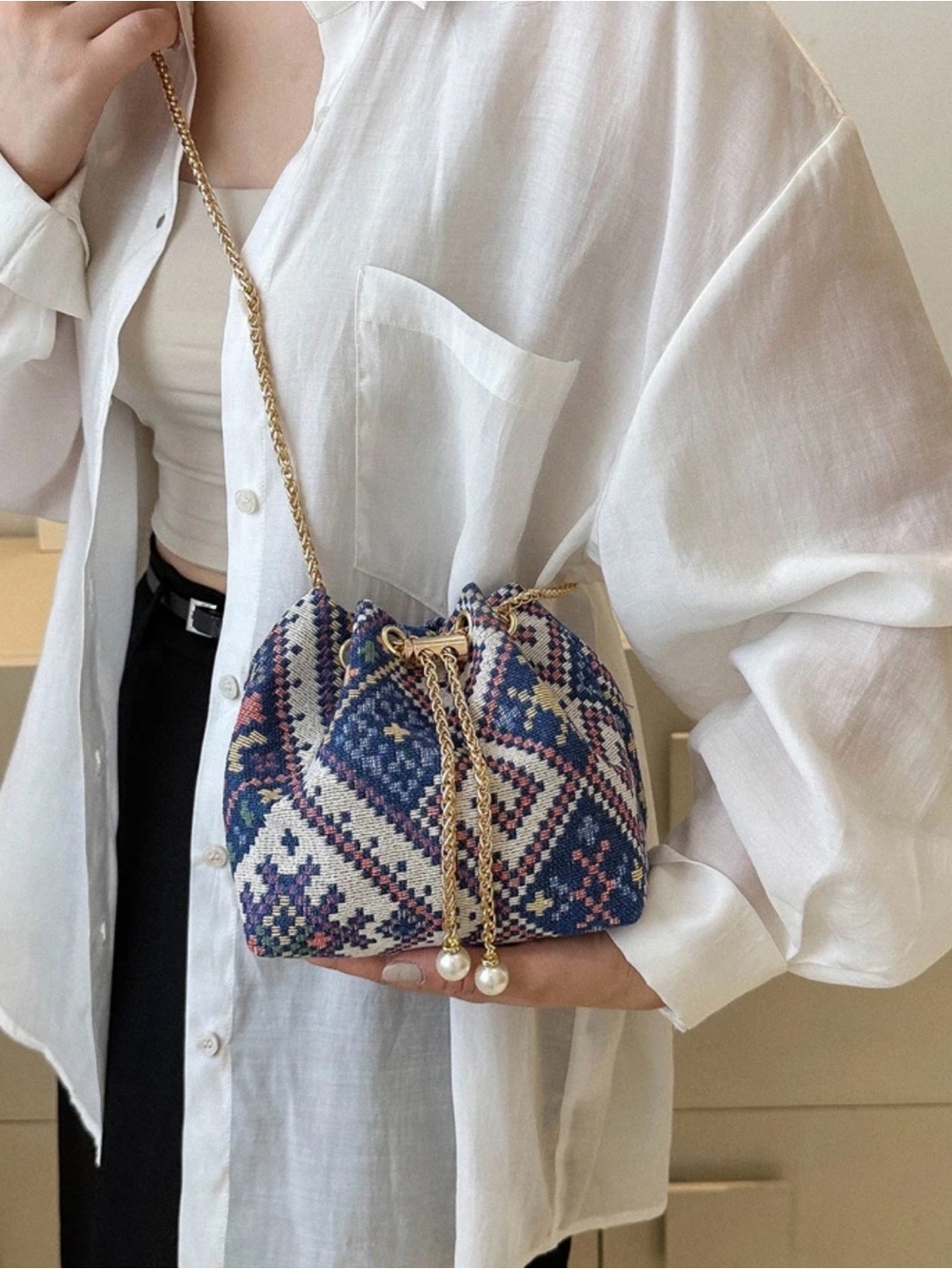 Woven Boho Drawstring Bucket Bag - Navy Pattern - Picture 2 of 7